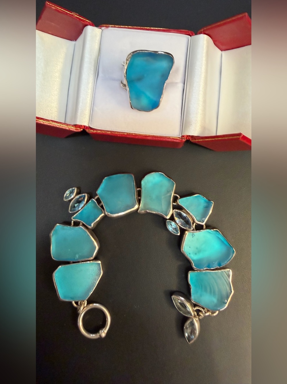 Sterling silver with sea glass and blue topaz Link Bracelet and matching Ring